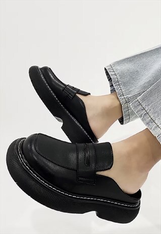 Unusual mules faux leather loafers platform slippers black