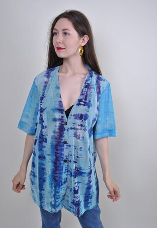 ABSTRACT PRINT BLUE BLOUSE, VINTAGE WATERCOLOR LONG CLOAK