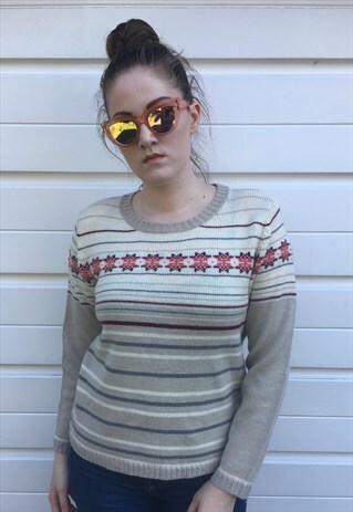 WOMENS VINTAGE 80S JUMPER BEIGE NORDIC PATTERNED SWEATER