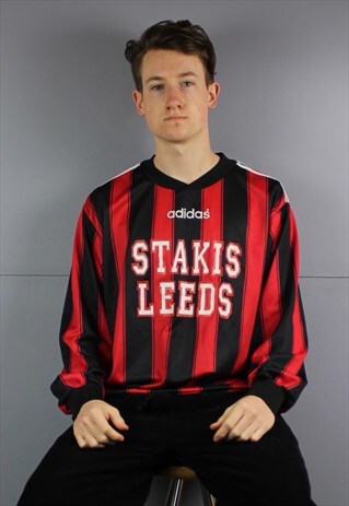 VINTAGE ADIDAS FOOTBALL SHIRT IN RED AND BLACK WITH FELT PRI