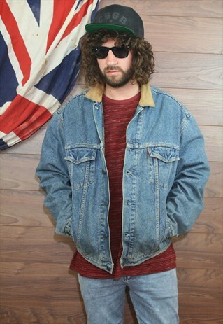 VINTAGE LEVI'S DENIM JACKET LEATHER COLLAR, LINED XL 53