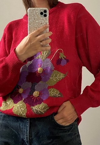 VINTAGE 80S PANSY PATTERN KNIT JUMPER SWEATER PULLOVER