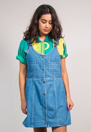 90'S VINTAGE BLUE DENIM BUCKLE PINAFORE MINI DRESS