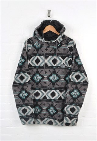 Vintage Hooded Fleece 1/4 Zip Aztec Pattern Grey/Blue Large