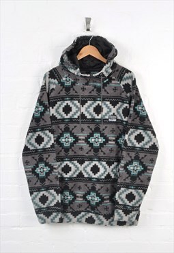 Vintage Hooded Fleece 1/4 Zip Aztec Pattern Grey/Blue Large