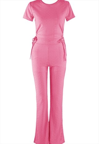 Knotted Sides Blouse And Flare Trouser Set In Fuchsia 