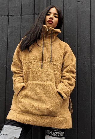 LOOSE FIT OVERSIZE HIGH ZIP UP NECK SLOGAN FLEECE JACKET