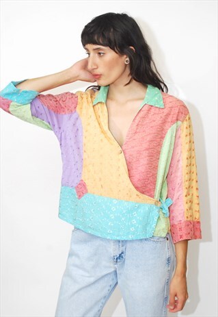 90S WRAP BLOUSE (L) VINTAGE EMBROIDERED FLORAL PASTEL TIE