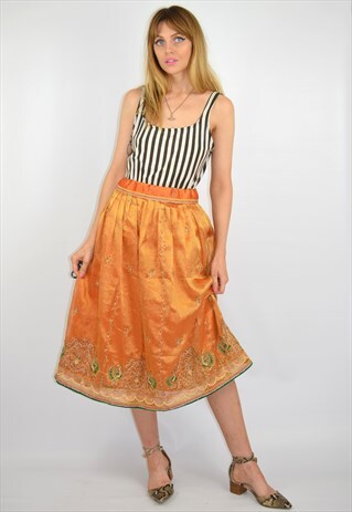 VINTAGE ORANGE & GOLD EMBELLISHED BOHO FESTIVAL MIDI SKIRT