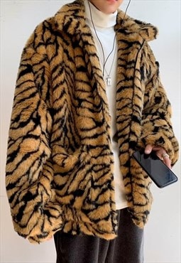 Zebra fleece jacket animal print faux fur stripe coat brown