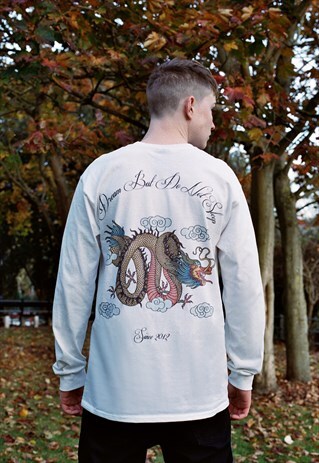 WHITE LONG SLEEVED T-SHIRT WITH CHINESE DRAGON DESIGN