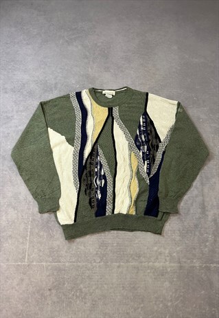 VINTAGE KNITTED JUMPER ABSTRACT 3D PATTERNED GRANDAD SWEATER