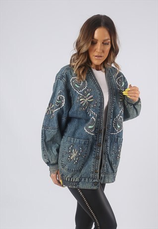 VINTAGE DENIM BOMBER JACKET EMBROIDERED UK 10 SMALL (B3V)