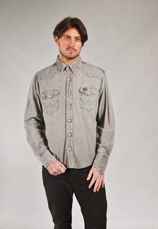 VINTAGE WRANGLER GREY DENIM WESTERN SHIRT