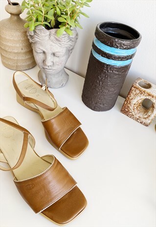 VINTAGE 90S SCHOLL MINIMALIST LEATHER SANDALS SHOES BEIGE