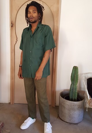 90S CLASSIC LUXURY SOLID SILK GREEN SHORT SLEEVE SHIRT LARGE