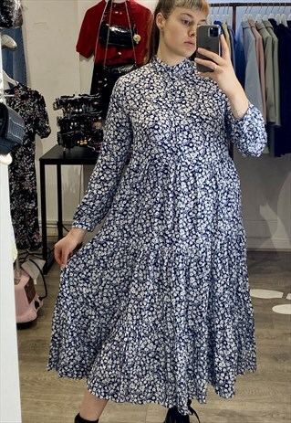 VINTAGE INSPIRED MAXI DRESS WITH FLORAL PRINT IN DARK BLUE