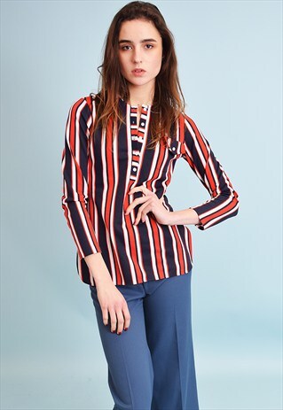 VINTAGE ELEGANT 70'S RETRO STRIPED TUNIC BLOUSE TOP