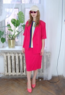Vintage 80's retro tailored blazer skirts suit set hot pink