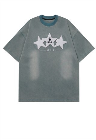 FLEECE PATCH T-SHIRT STAR TEE GRUNGE TIEDYE TOP IN ACID GREY