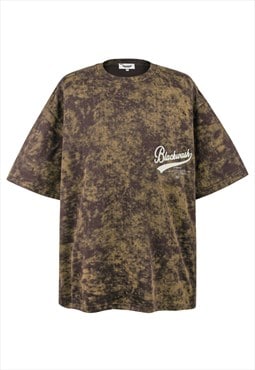 Camo print t-shirt military tee retro tie-dye top in brown