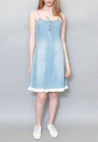 VINTAGE 1990'S LIGHT WASH BLUE COTTON MINI SLIP DRESS