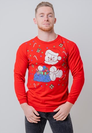 VINTAGE TEDDY BEAR CHRISTMAS JUMPER SWEATSHIRT RED MEDIUM