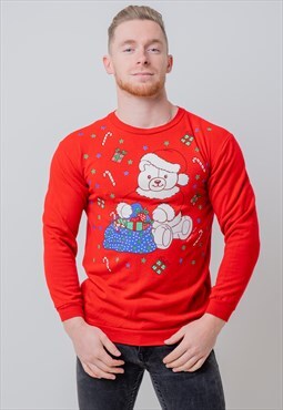 Vintage Teddy Bear Christmas Jumper Sweatshirt Red Medium