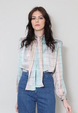 80's Vintage Ladies Blouse Pussy Bow Pink Blue