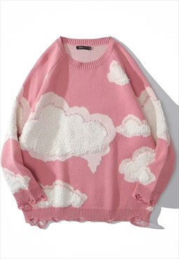 Cloud fleece knitted sweater in pink fluffy sky print jumper