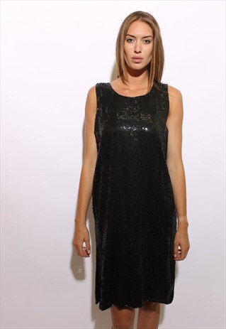 VINTAGE 1970'S 70'S DEADSTOCK BLACK SEQUIN PARTY DRESS L-XL