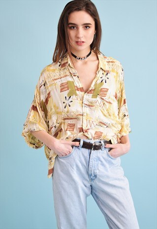 90'S RETRO ABSTRACT PRINT OVERSIZED SHIRT BLOUSE TOP