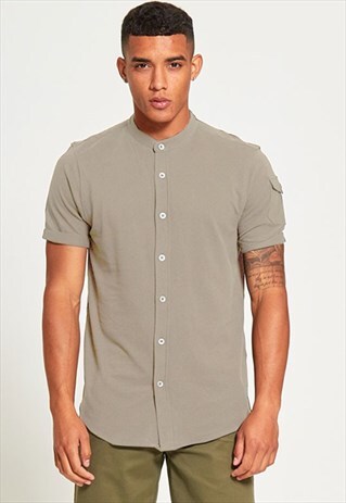 MENS BUTTON UP BEIGE TEXTURED SHIRT