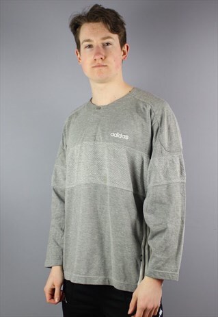 VINTAGE ADIDAS BUTTON UP SWEATSHIRT IN GREY AND SIZE MEDIUM.
