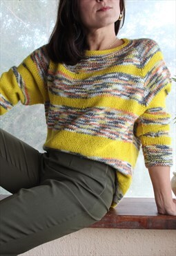 Vintage handmade lime green/multi color wool blend pullover,