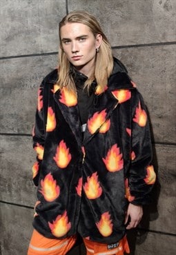 Flame print coat handmade burning fire fleece trench jacet