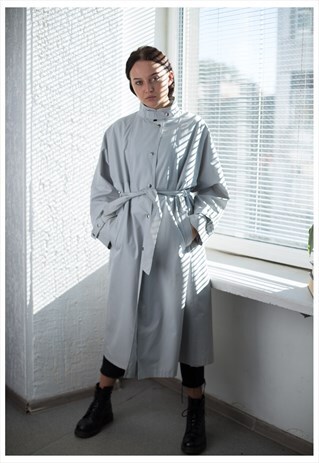 VINTAGE 80'S GREY HIGH COLLAR TRENCH COAT