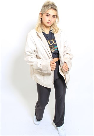 VINTAGE SHEARLING COAT FAUX FUR LINED JACKET IN CREAM LARGE