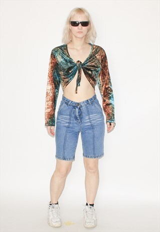 VINTAGE Y2K ABSTRACT SHINY TIE CROP TOP IN GREEN / BROWN