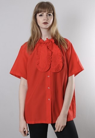 VINTAGE 80S RED RUFFLE TIE SHIRT