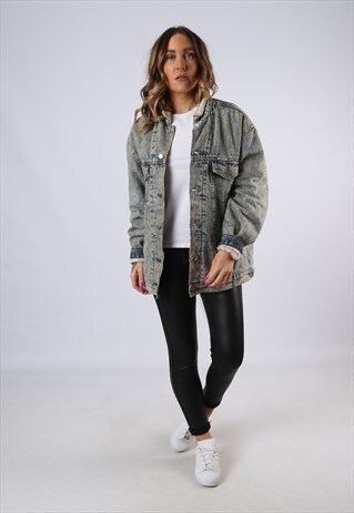 VINTAGE SHERPA LINED DENIM JACKET OVERSIZED UK 14 LARGE JA3V