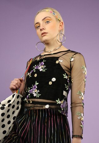 EMBROIDERED FLORAL MESH CROP TOP