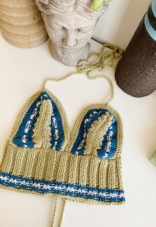 70S FESTIVAL BOHO CROCHET KNIT BRALETTE HALTER CROP TOP