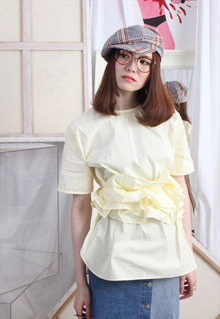 (KOREAN) DETACHABLE RUFFLE TRIM BLOUSE PALE YELLOW