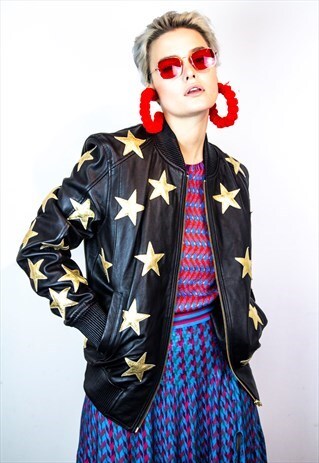 LEATHER JACKET IN BLACK WITH GLITTERY GOLD STARS EMBOSSING