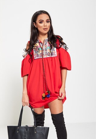 RED EMBROIDERED COLD SHOULDER MINI DRESS