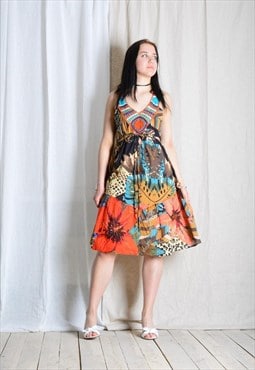 Y2K Colourful Abstract Wild Life Print Crochet Midi Dress