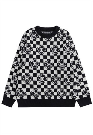 KALODIS BLACK AND WHITE CHECK ROUND NECK CASUAL SWEATER