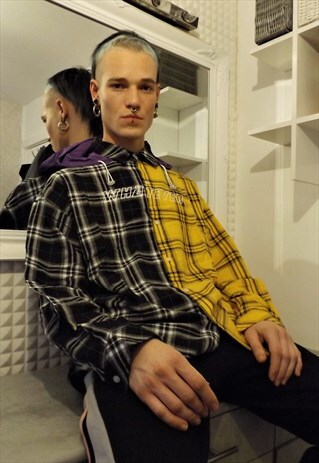 LOOSE FIT HOODED PLAID CHECK STITCH CURVED SHIRT Y2K TOP