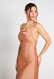 MILA ASYMMETRIC COWL NECK SATIN SLIP DRESS - ALMOND